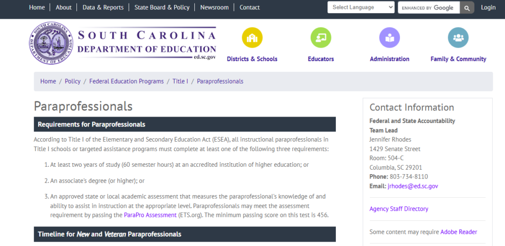 south carolina paraprofessional requirements for paraeducator license  search by a para pro