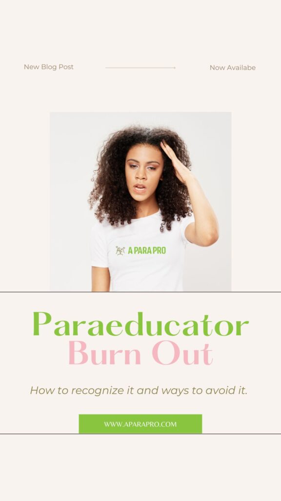 a curly haired para wearing a para pro logo shirt experiencing paraeducator burn out
