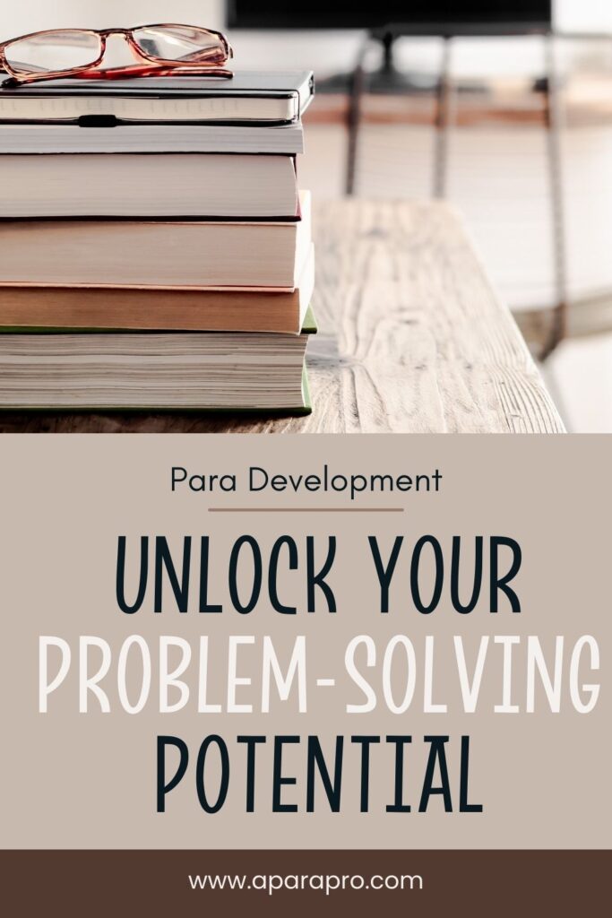 stack of books with a pair of glasses on top with a square overlay below and text reading "unlock your problem solving potential" 